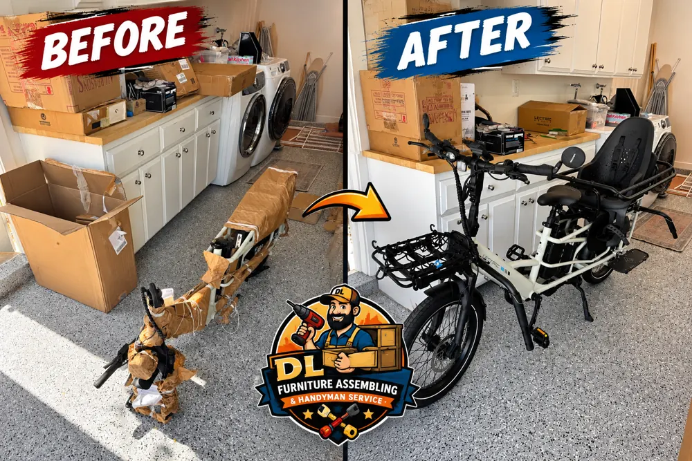 Lectric e-bike assembled from the box in Costa Mesa, August 2026, before and after