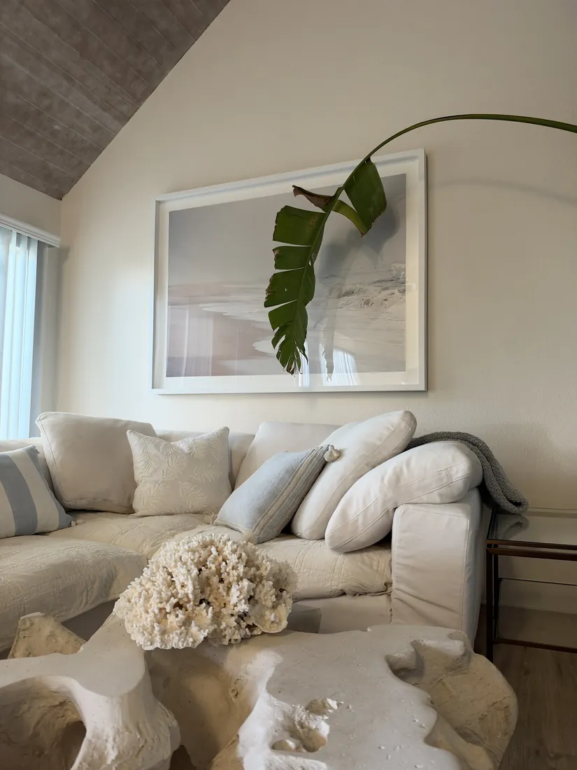 Oversized framed art hung above a sofa in Newport Beach, October 2026