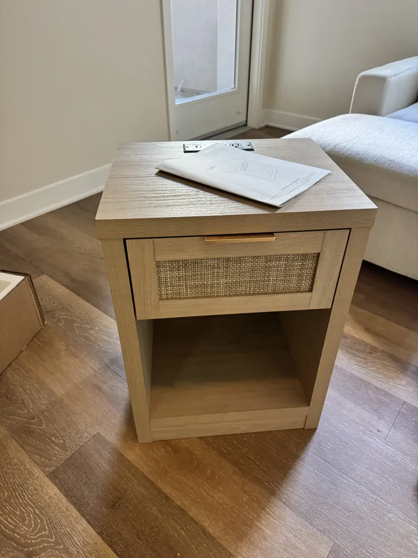 Rattan nightstand assembled in Irvine, September 2026